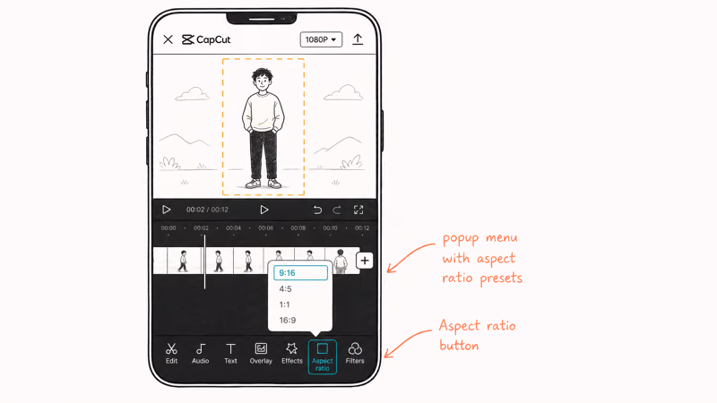 CapCut aspect menu with vertical Reels preset selected for export