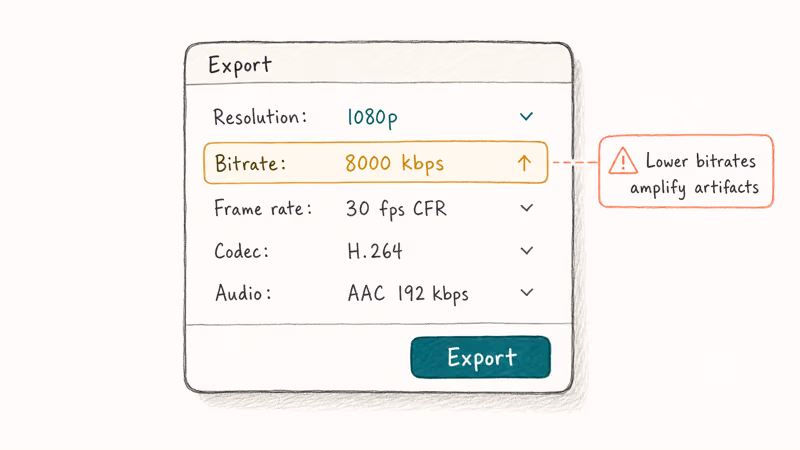 Export settings showing 1080p bitrate frame rate and H264 codec
