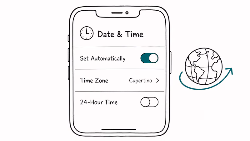 iPhone Date and Time settings showing Set Automatically toggle on for fixing iCloud certificate errors