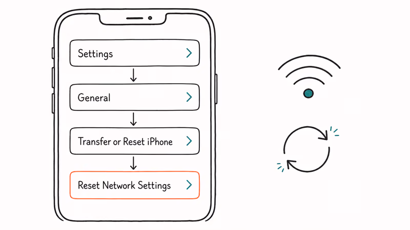 iPhone Settings navigation path for Reset Network Settings showing four-step menu sequence to fix iCloud