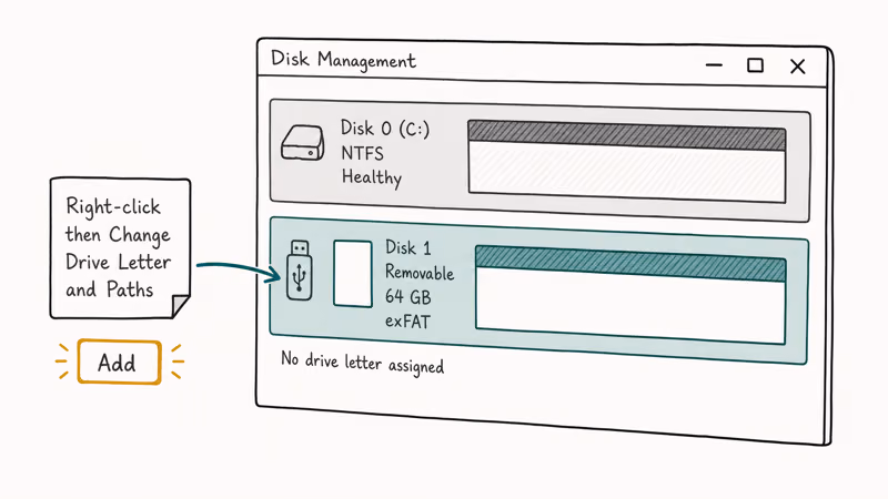 Windows Disk Management hand-drawn view showing SD card without drive letter ready for assignment