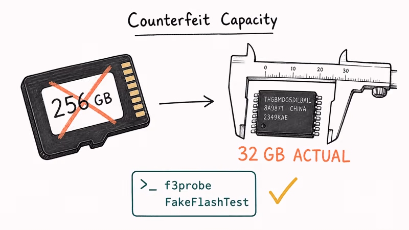 Hand-drawn comparison showing SD card label claiming 256GB versus real chip capacity of 32GB
