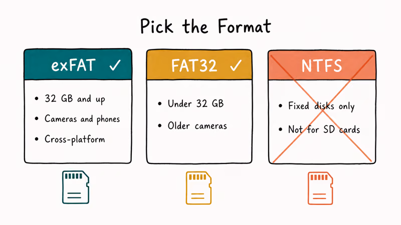 Hand-drawn decision matrix comparing exFAT, FAT32, and NTFS formats for SD card use cases