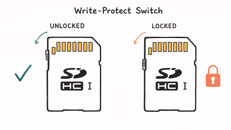 Hand-drawn diagram showing locked versus unlocked SD card write-protect slider positions