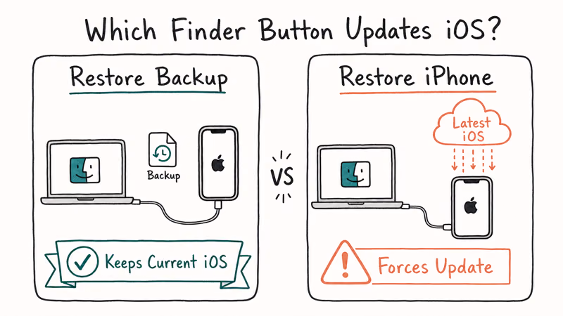 Two-column card comparing safe Restore Backup button with risky Restore iPhone forced update button.