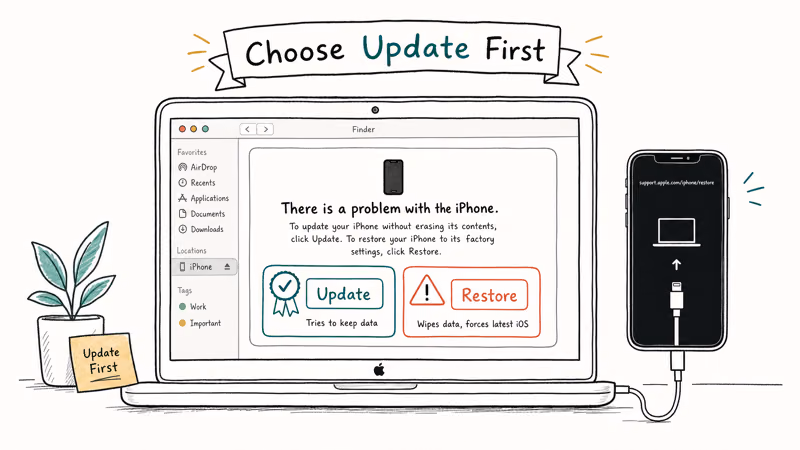 Hand-drawn Mac recovery-mode dialog showing Update versus Restore buttons with warning frames.