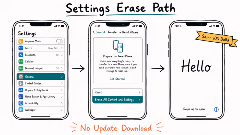 Three-iPhone flow showing Settings erase path that preserves the current iOS build during reset.