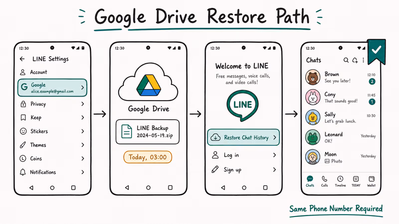 Four-step Android flow showing Google Drive backup restoration of LINE chat history with phone-number gate.