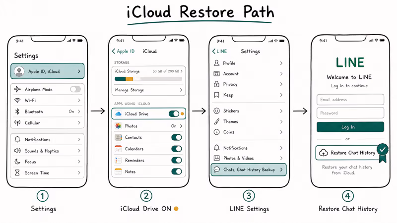 Four-step hand-drawn flow showing iCloud backup verification and LINE chat history restore on iPhone.