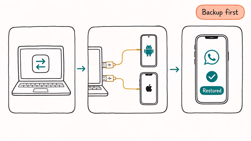 Hand-drawn three-step third-party transfer flow connecting an Android and iPhone via laptop to restore WhatsApp.