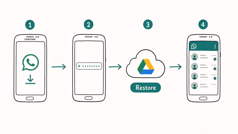 Hand-drawn four-step Samsung Drive restore flow from WhatsApp install through verify and restore to chats loaded.