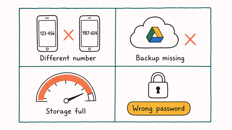 Hand-drawn 2x2 grid mapping four common reasons a WhatsApp restore fails on Samsung phones.