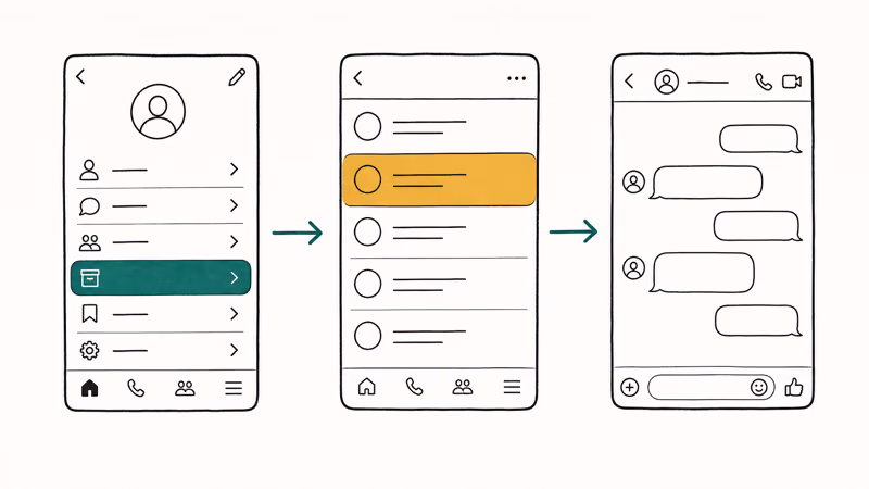 Hand-drawn three-step Messenger flow opening the archive list and viewing restored conversations from a thread.