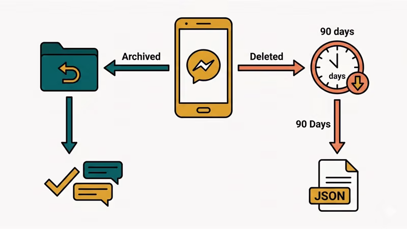 Android phone with Messenger showing two recovery paths: archived chats vs deleted messages within a 90-day window