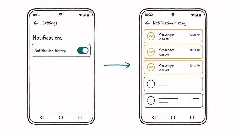 Hand-drawn Android settings flow enabling notification history and showing a list of recent Messenger notification entries.