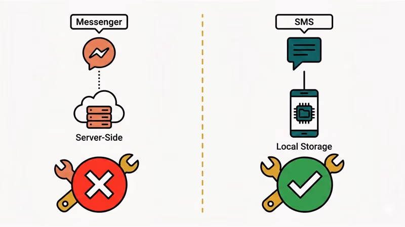Comparison of Messenger server-side storage vs SMS local storage, showing why recovery tools only work for locally stored messages