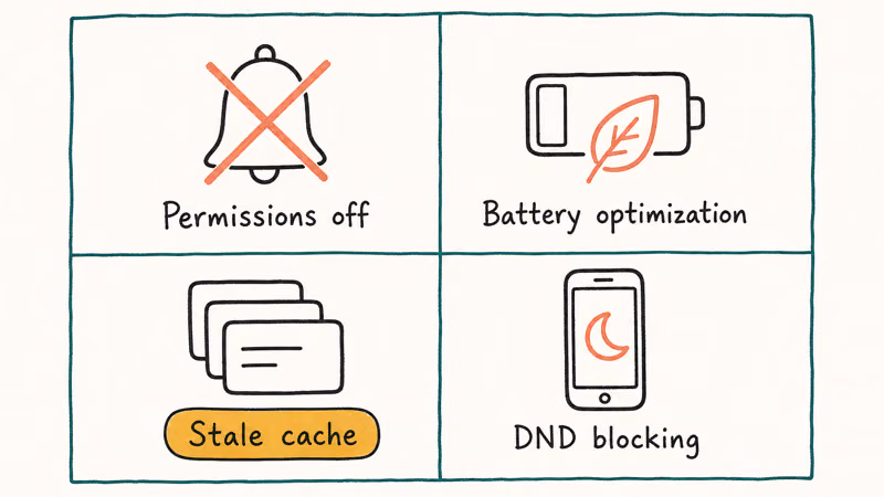 Hand-drawn 2x2 chart of four causes for Ring notifications failing on Android including permissions battery cache and DND.