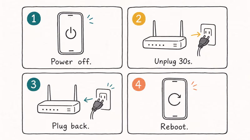 Hand-drawn 2x2 chart of four device-and-router restart steps to clear Roblox connection error 524.