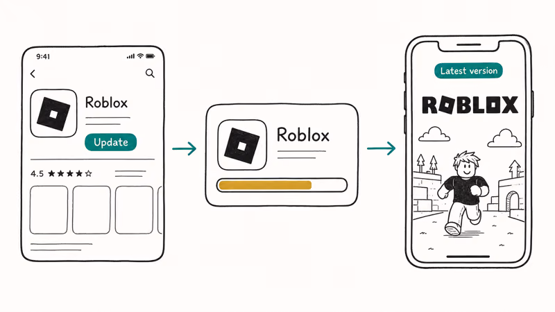 Hand-drawn three-step flow updating the Roblox app from the store through download progress to launched latest version.