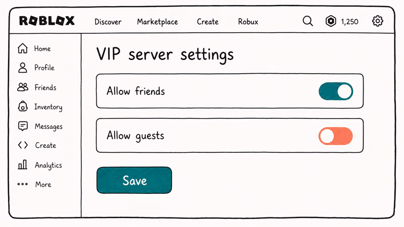 Hand-drawn Roblox VIP server settings panel with friends toggle on and guests toggle off and a save button.