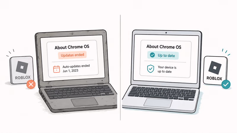 About Chrome OS status comparing an expired older Chromebook with a supported newer model