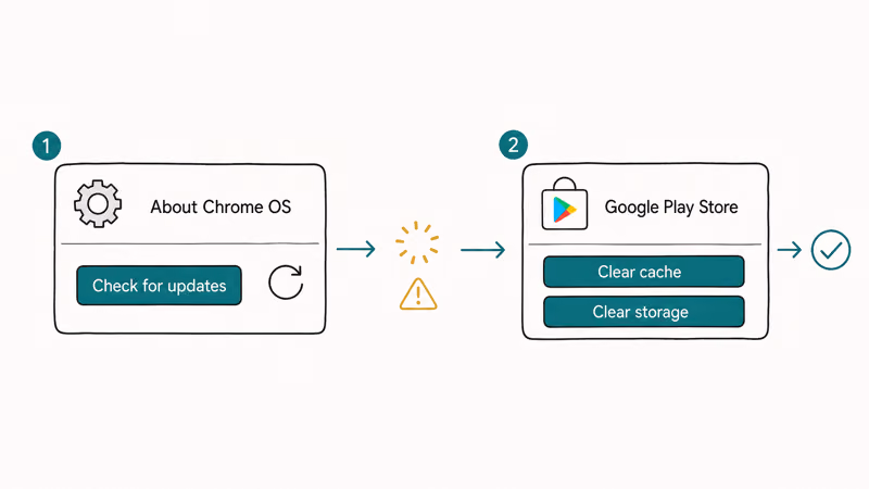 Chromebook settings steps updating Chrome OS and clearing Google Play Store cache and storage