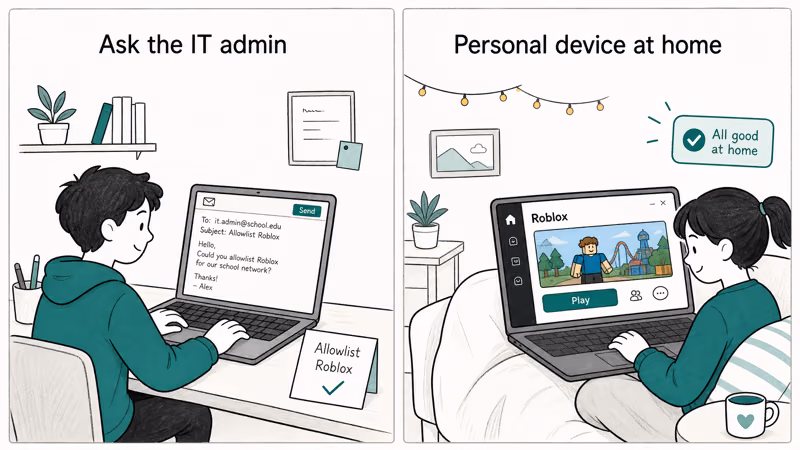 Two legitimate paths: email the IT admin or play Roblox on a personal device