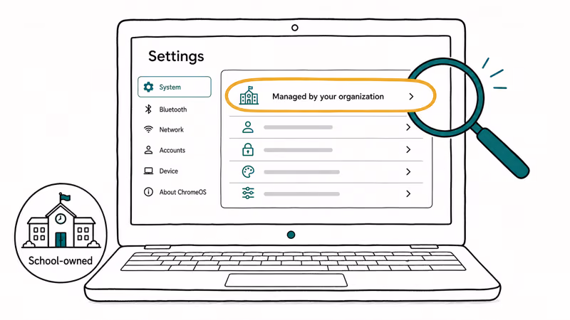 Chromebook settings screen highlighting a managed by your organization notice for the student