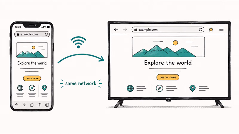 Hand-drawn smartphone wirelessly mirroring a browser page onto a Roku TV over the same WiFi network