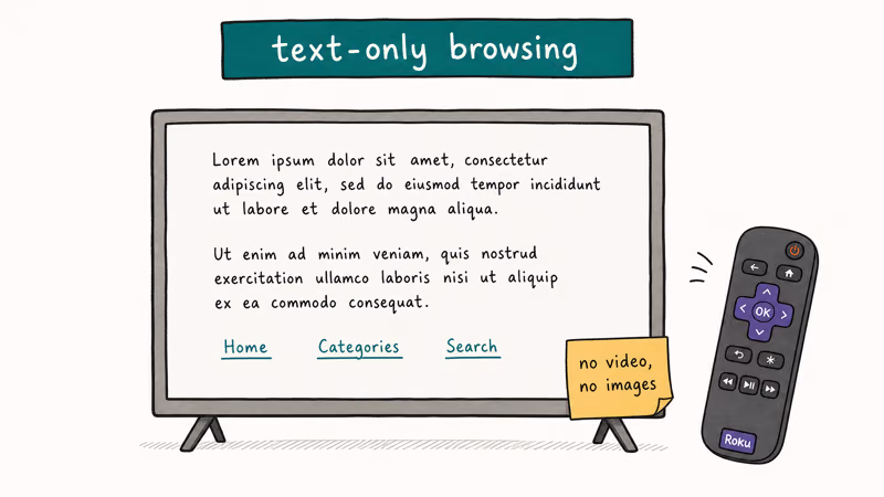 Hand-drawn Roku TV displaying a text-only POPRISM browser page beside a remote with notes about no video or