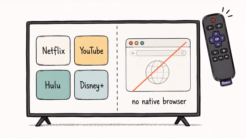 Hand-drawn Roku TV screen comparing supported streaming app tiles to a faded blocked browser window