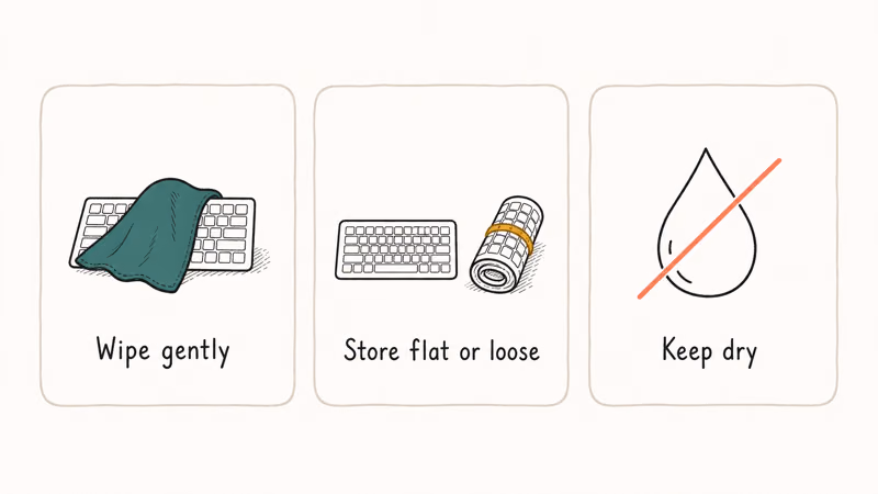 Hand-drawn three-card checklist showing wipe gently, store flat or loosely rolled, and keep dry tips for a roll