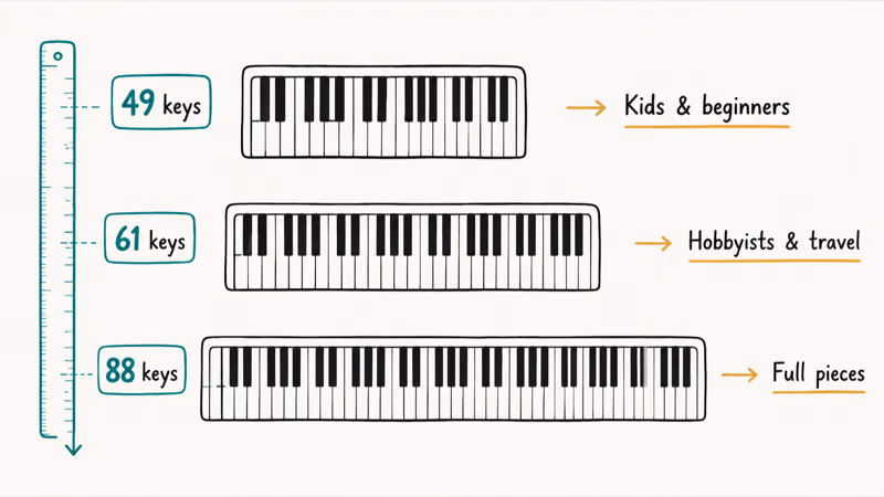 Hand-drawn stack of three roll up keyboards with 49, 61, and 88 keys labeled by user type from