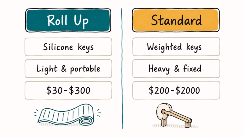 Hand-drawn comparison table contrasting roll up piano features with standard weighted keyboard features