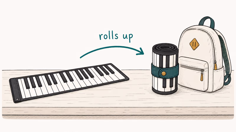 Hand-drawn split scene showing a roll up piano keyboard fully flat next to the same keyboard rolled up