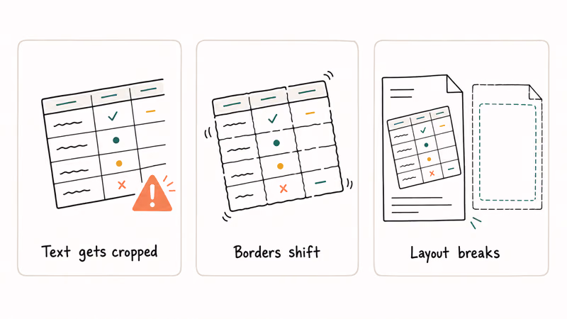 Hand-drawn three-card row of common Word table rotation pitfalls including cropped text shifted borders and broken layout