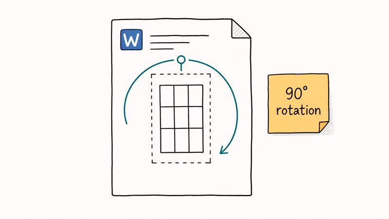 Hand-drawn Word page showing a table wrapped in a dashed text box rotated 90 degrees with a teal