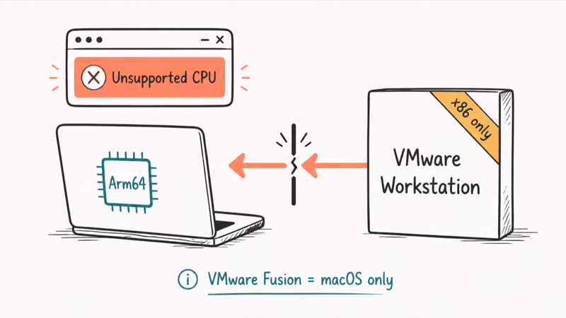 Diagram showing an x86-only VMware installer rejected by an Arm64 Snapdragon X laptop