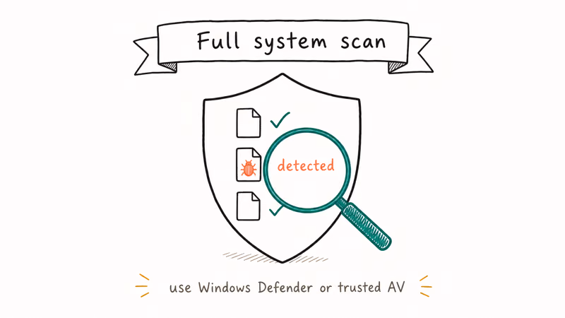 Hand-drawn shield with magnifying glass scanning three files where one is flagged as malware detected during a full