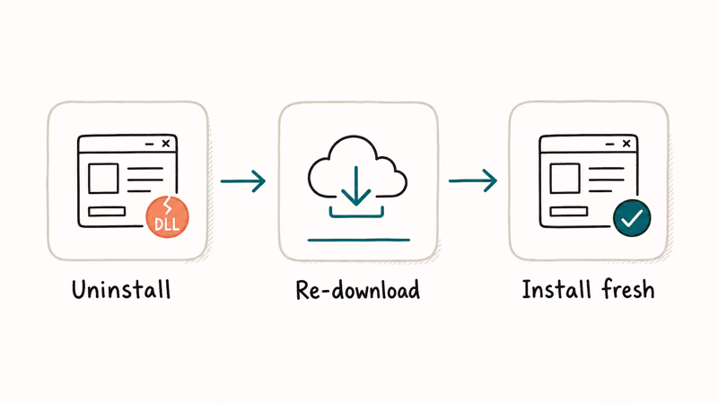 Hand-drawn three step flow showing uninstall re-download and fresh install restoring the missing DLL for a Windows program