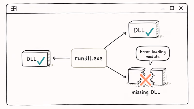 Hand-drawn Windows desktop showing the rundll.exe process loading three DLL bricks with one missing and an error popup