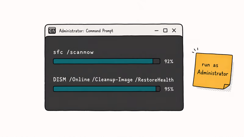 Hand-drawn Windows command prompt showing sfc scannow and DISM restore health commands with progress bars and admin note