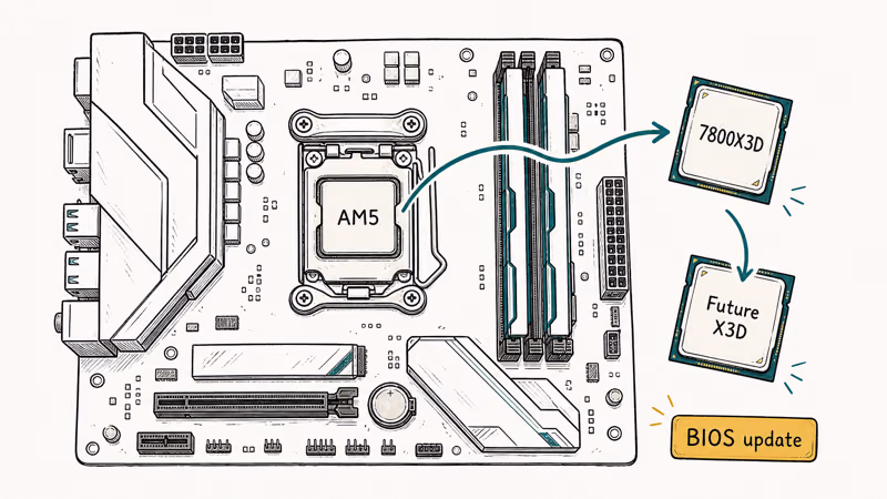 Hand-drawn motherboard showing one AM5 socket swapping chips while board and memory stay