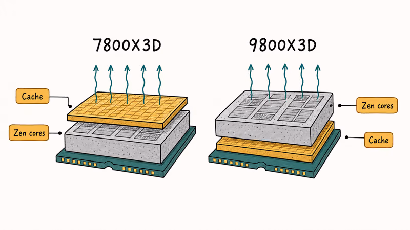 Side-by-side cutaway diagrams showing 3D V-Cache stacked above versus below the processor cores