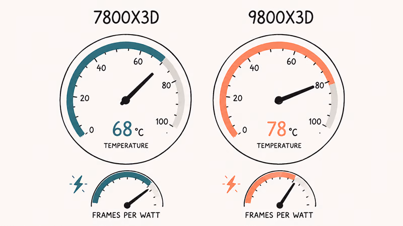 Two thermometers comparing the cooler 7800X3D under seventy degrees against the hotter 9800X3D