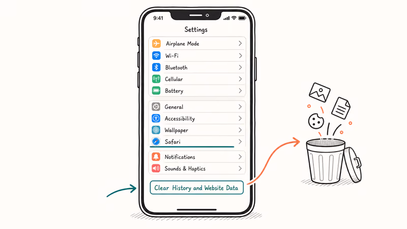 Hand-drawn iPhone Settings screen highlighting the Safari clear history and website data button with a trash can icon