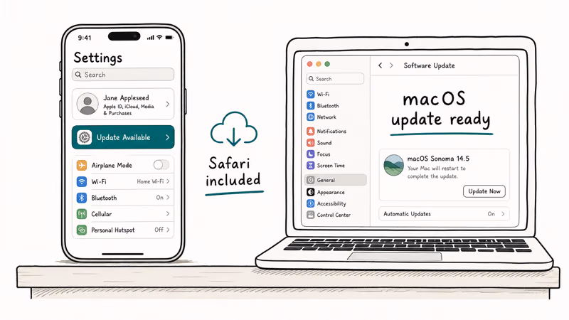Hand-drawn split scene showing iPhone iOS update banner and Mac laptop macOS update with a Safari included download