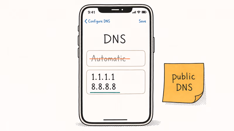 Hand-drawn iPhone Wi-Fi DNS settings swapping from automatic resolver to public DNS 1.1.1.1 or 8.8.8.8 highlighted