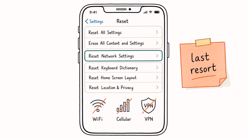 Hand-drawn iPhone reset network settings screen highlighted with three wiped icons WiFi cellular and VPN and a last