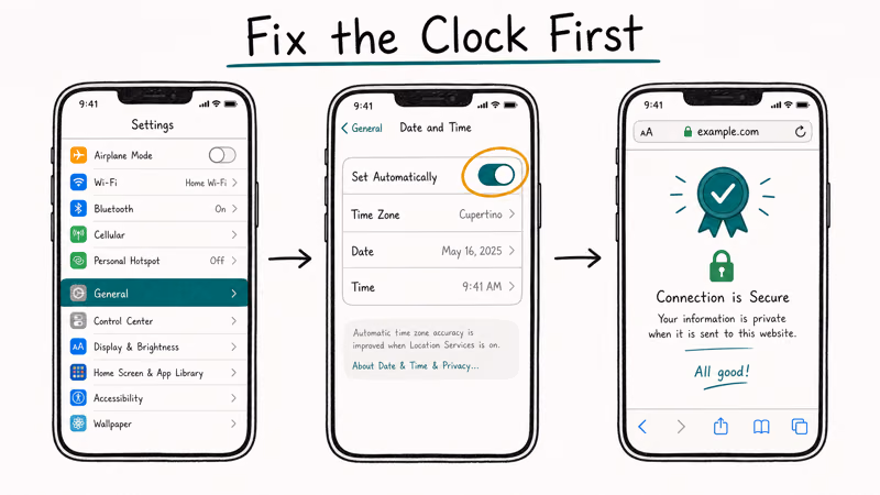 Three-screen iPhone flow showing Date and Time Set Automatically toggle fixing Safari secure connection.